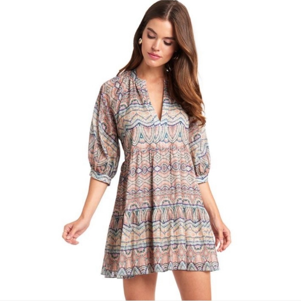 Amanda Uprichard Diego Peasant Boho Geometric Balloon Sleeve Mini Dress Medium
